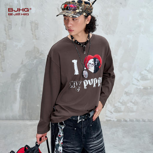 BJHG不计后果小狗趣味长袖t恤男款秋季基础打底设计感情侣装T恤女 商品图3