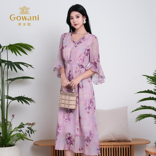 乔万尼新品大女主气质粉韵水彩印花V领收腰连衣裙ED2E521 商品图2