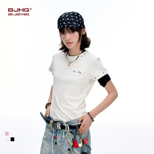 BJHG不计后果彩绣针织T恤短袖女款夏季潮牌微弹修身设计感正肩T恤 商品图0
