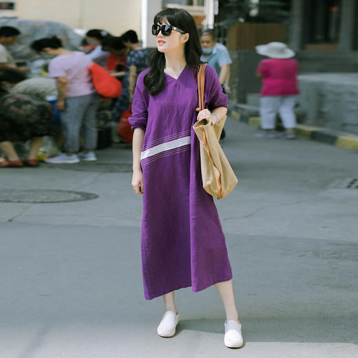 绽放旅行女装413朵/复活款·2020年砂洗亚麻拼接色九分袖连衣裙女 商品图2