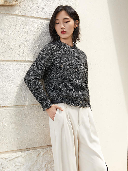 小香风毛边针织开衫女 春秋季复古 V 领短款上衣 宽松显瘦毛衣外套 商品图1