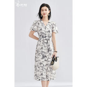 米思阳2025夏季新款优雅气质天丝连衣裙收腰国风水墨画连衣裙1003