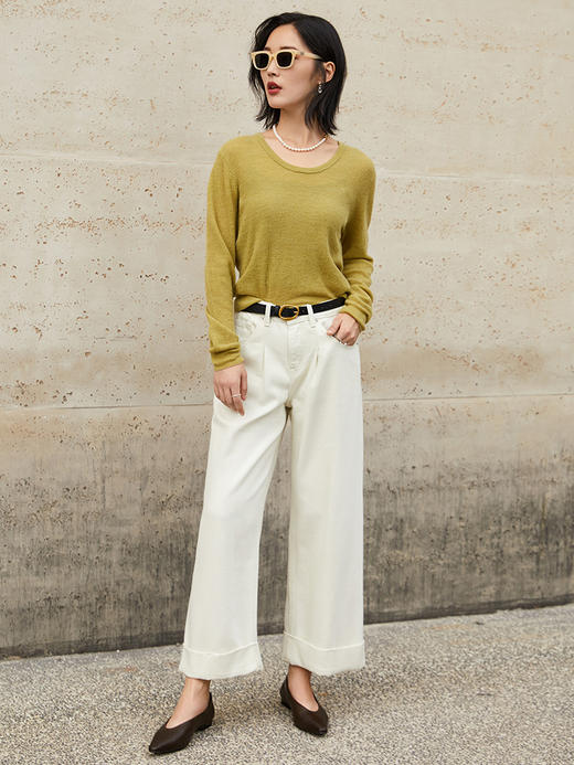 牛油果绿针织衫女春秋薄款 低圆领短款长袖上衣 宽松显瘦打底衫 商品图1