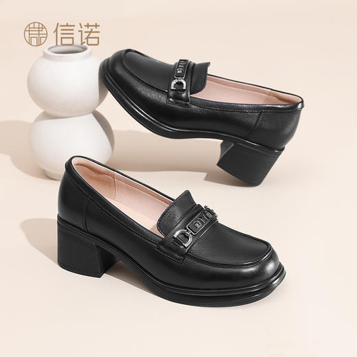 信诺妈妈鞋真皮粗跟乐福鞋2025新款秋季英伦风女士小皮鞋软底单鞋5Q2066-2 商品图1
