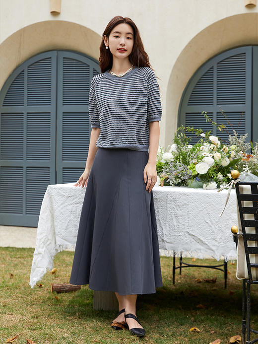 韩系简约风圆领条纹针织短袖女 宽松显瘦百搭上衣 商品图1