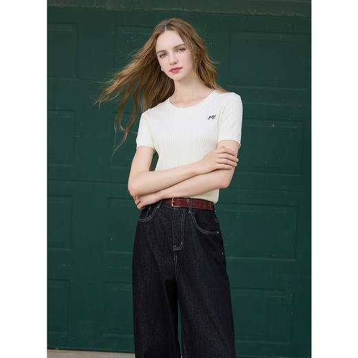 【莱赛尔】三彩2025秋季新款简约刺绣圆领针织衫肌理感套头毛衫M 商品图1