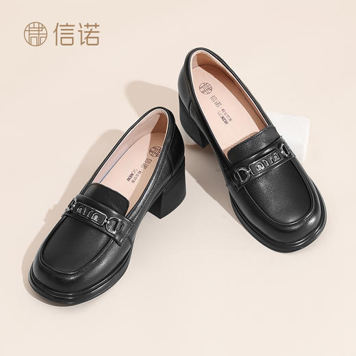 信诺妈妈鞋真皮粗跟乐福鞋2025新款秋季英伦风女士小皮鞋软底单鞋5Q2066-2 商品图2