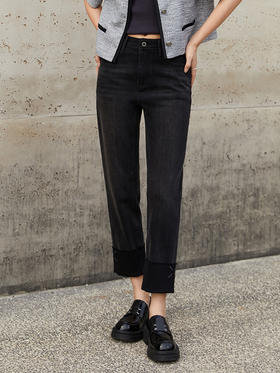 时髦精必备！高腰黑色直筒牛仔裤 卷边细节 日常超吸睛