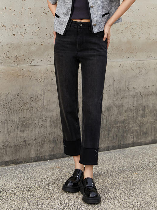 时髦精必备！高腰黑色直筒牛仔裤 卷边细节 日常超吸睛 商品图0
