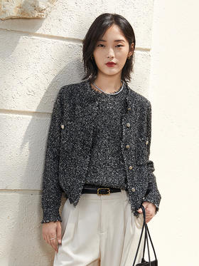 小香风毛边针织开衫女 春秋季复古 V 领短款上衣 宽松显瘦毛衣外套