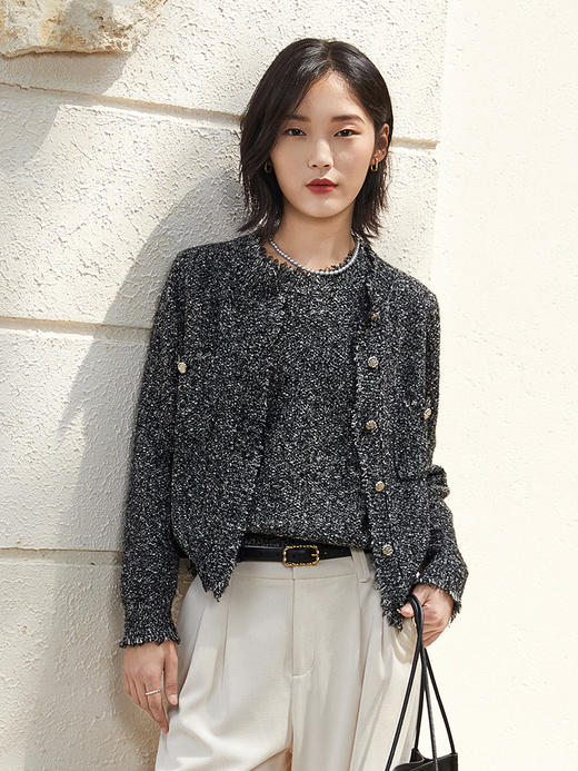 小香风毛边针织开衫女 春秋季复古 V 领短款上衣 宽松显瘦毛衣外套 商品图0