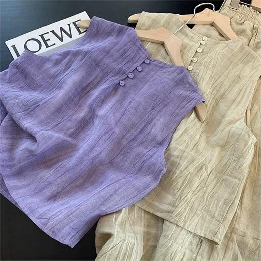 （3-5天发）秋知屿风·“桔梗紫”复古扎染褶皱亚麻背心半裙套装，褶皱肌理，扎染工艺，质直接拉满 商品图7