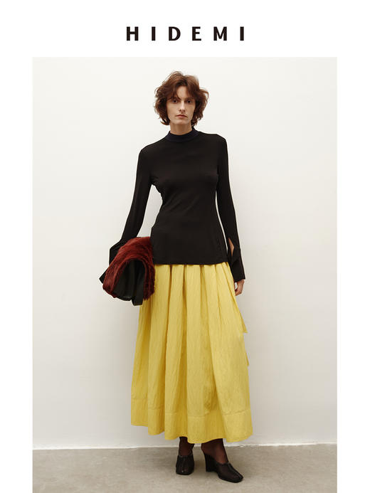 HIDEMI 进口顶级氨纶混纺纤维超顺滑弹力鱼尾袖极简立领拼接设计感纸片人上衣半裙伞裙套装 商品图6