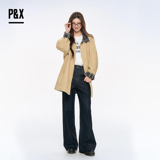 P&X设计师女装2025秋新款外套学院风风衣中长款纽扣825319183卡其 商品图2