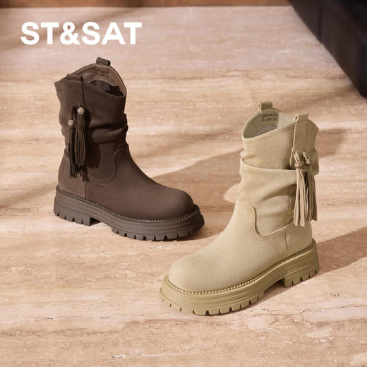 星期六舒适圆头复古流苏堆堆靴SSD3116C3Y 商品图4