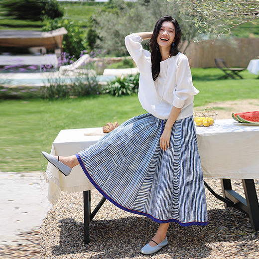 绽放旅行女装418朵/复活款·2019年提花条纹亚麻圆领蝙蝠袖T恤女 商品图2