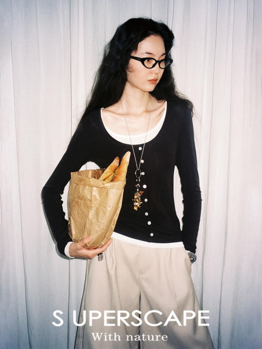 素舶 澳洲美丽诺羊毛莱赛尔亲肤撞色假两件修身显瘦长袖打底衫 商品图4