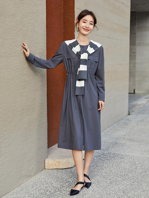 优雅进阶！灰调衬衫连衣裙，搭配撞色披肩尽显格调 商品图1