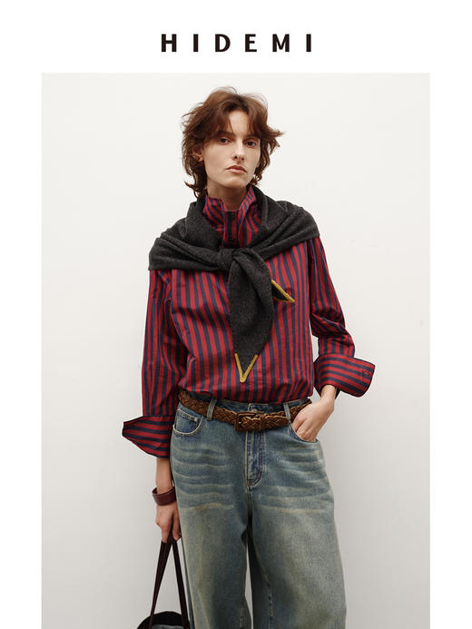 HIDEMI 酒红拼深藏蓝色织条纹极简立领设计感廓形纽扣多穿衬衫上衣 商品图5