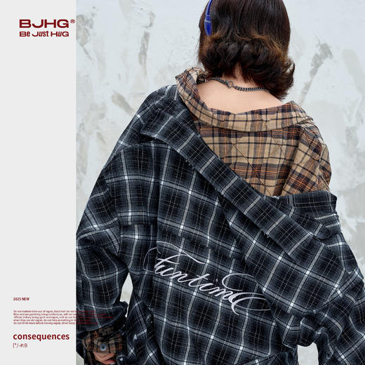 BJHG不计后果美式复古衬衫男款秋格纹泼墨设计宽松舒适衬衣外套女 商品图2