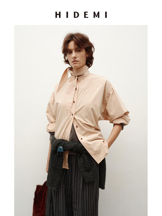 HIDEMI 进口粘胶极简设计感长剪刀领系带廓形宽松感肉桂裸粉色衬衫 商品图4