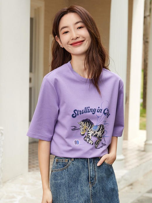 减龄担当！浅紫色斑马印花 T 恤 圆领中袖 趣味卡通图案上衣 商品图0