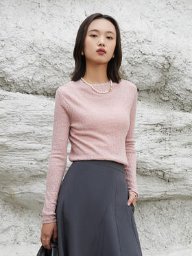 温柔风粉色针织衫女 春秋季蕾丝领内搭长袖上衣 修身显瘦打底衫