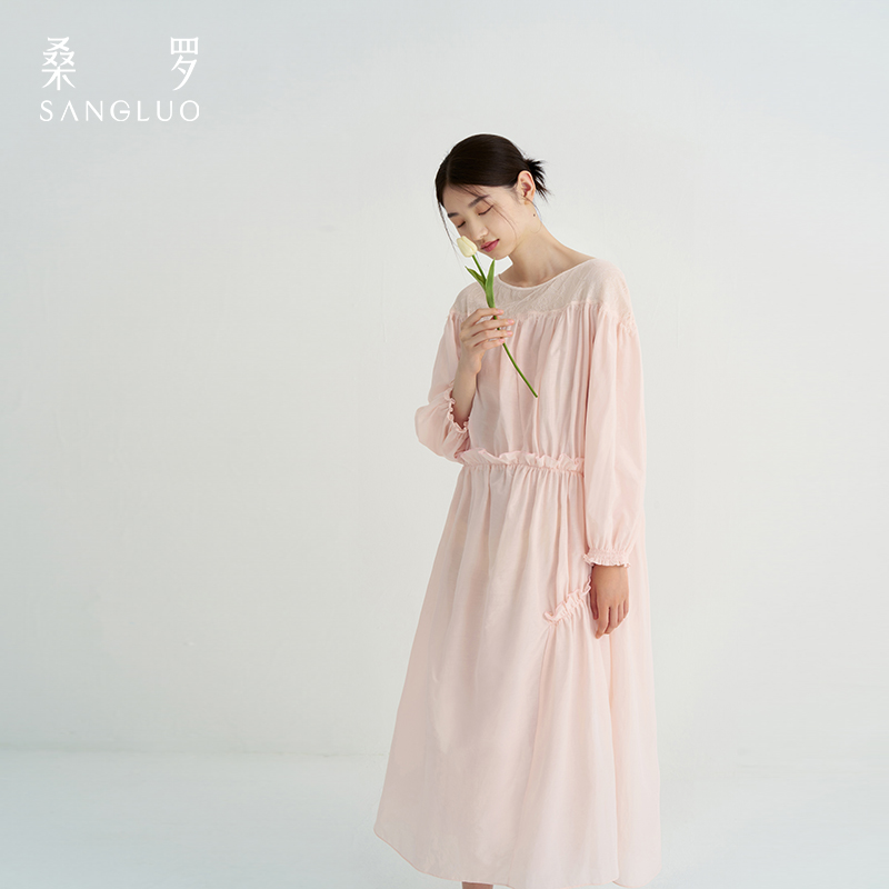 宫廷风』桑罗丝棉长袖睡裙蕾丝拼接设计女海棠粉休闲家居服可外穿