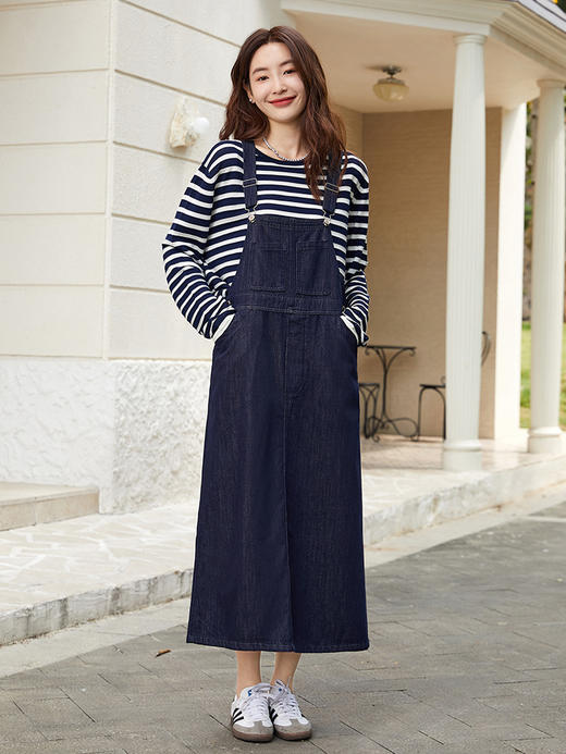 复古回潮！深蓝色牛仔背带裙 交叉背带 减龄长款连衣裙 商品图1