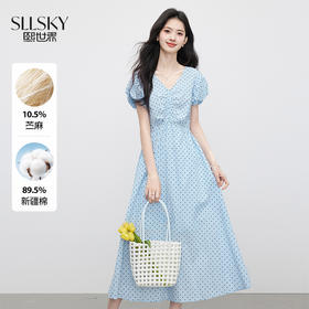 【专属特价】熙世界苎麻棉蓝色波点连衣裙女夏季新款法式泡泡袖V领收腰长裙子
