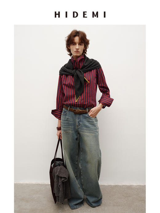 HIDEMI 多重水洗做旧感牛仔蓝泛白丹宁牛仔阔腿裤牛仔裤长裤 商品图7