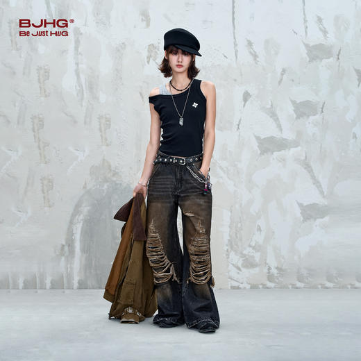 BJHG不计后果做旧破洞牛仔裤女秋季宽松美式复古双层设计感休闲裤 商品图3