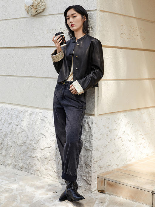 新中式黑色短款皮衣女 立领盘扣金属扣修身夹克外套 商品图1