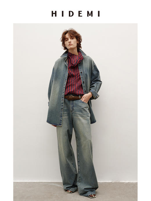 HIDEMI 多重水洗做旧感牛仔蓝泛白丹宁牛仔阔腿裤牛仔裤长裤 商品图5