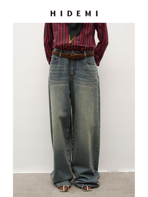 HIDEMI 多重水洗做旧感牛仔蓝泛白丹宁牛仔阔腿裤牛仔裤长裤 商品图4