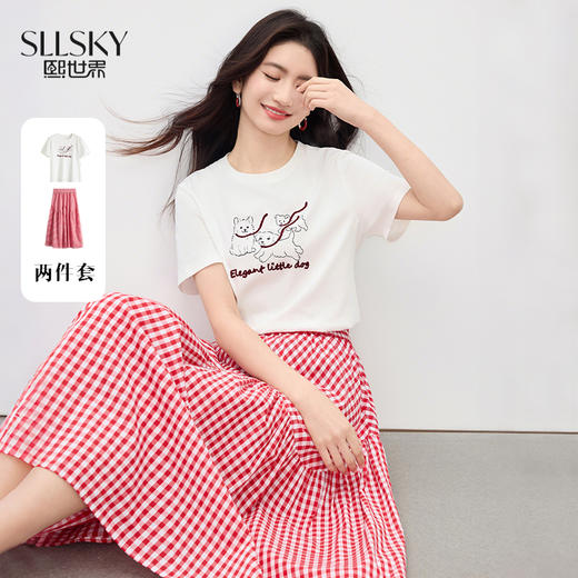 【07/16新品】熙世界夏天巨好看的套装女新款小狗短袖T恤红色格纹半身裙两件套 商品图0