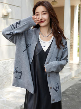 韩系慵懒风灰色针织开衫女 个性涂鸦宽松外搭毛衣外套