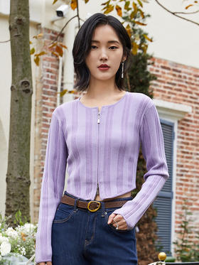 早秋时髦精挚爱！拉链修身坑条毛衫，温柔紫调超显白