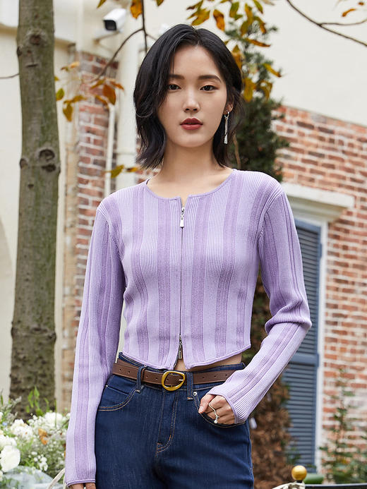 早秋时髦精挚爱！拉链修身坑条毛衫，温柔紫调超显白 商品图0