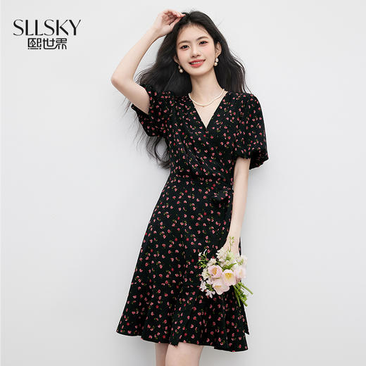 【07/16新品】熙世界法式碎花V领连衣裙女夏新款小个子围裹式系带收腰茶歇裙子 商品图0