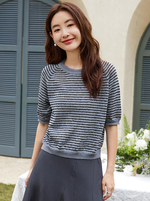 韩系简约风圆领条纹针织短袖女 宽松显瘦百搭上衣 商品图0