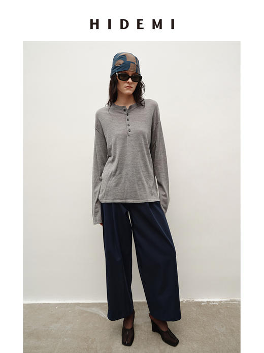 HIDEMI 进口澳洲美利奴羊毛极细高织纱线纽扣式亨利领廓形圆领毛衣 白色/马斯正红/灰色/藏蓝色 商品图2