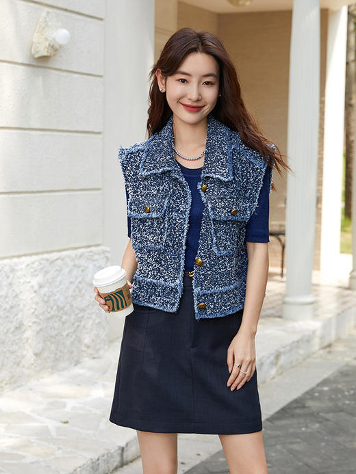 复古腔调十足！蓝调粗花呢马甲，解锁小香风新时尚 商品图0