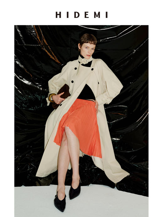 HIDEMI 进口棉立领扣头设计感双排扣廓形宽松经典英伦长款风衣 商品图4