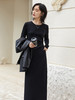 通勤约会都可 黑色长袖连衣裙 侧腰褶皱 显瘦气质 百搭长裙 商品缩略图0