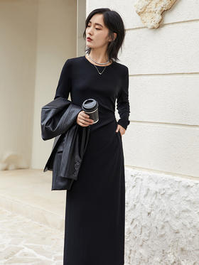 通勤约会都可 黑色长袖连衣裙 侧腰褶皱 显瘦气质 百搭长裙