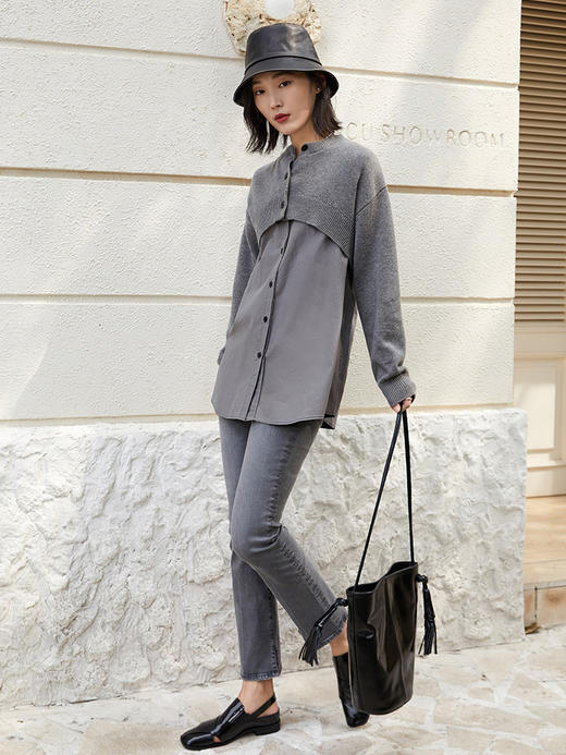 时髦精挚爱！灰色针织拼接衬衫，叠穿新风尚 商品图1