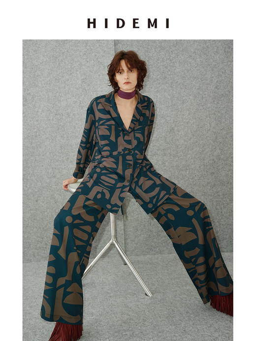 HIDEMI 我们做印花系列手绘纯原创抽象几何感艺术油画印花衬衫阔腿裤套装 商品图6