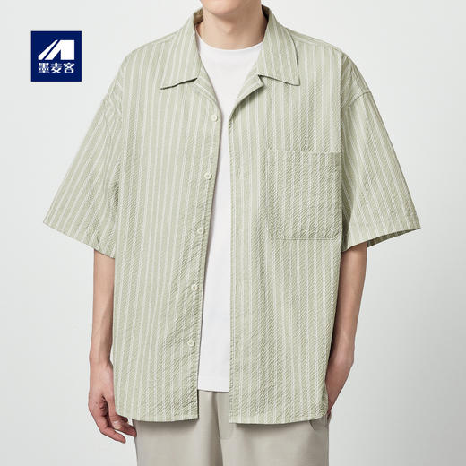 墨麦客泡泡纱条纹印花短袖衬衫男2024夏新款八字领男士衬衣50238 商品图0