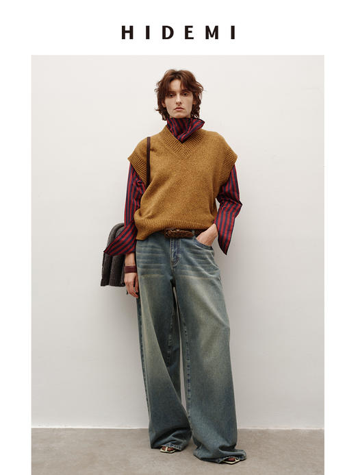 HIDEMI 多重水洗做旧感牛仔蓝泛白丹宁牛仔阔腿裤牛仔裤长裤 商品图8